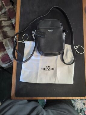 Coach Black Pebble Leather Small Crossbody with Logo Tag